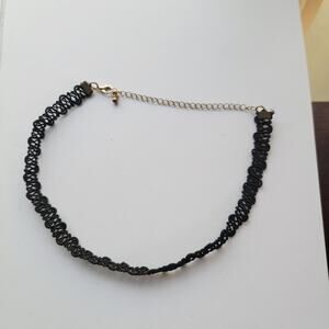 Black Macrame Cord Choker Necklace With Gold Tone Extender Chain Adjustable Fit